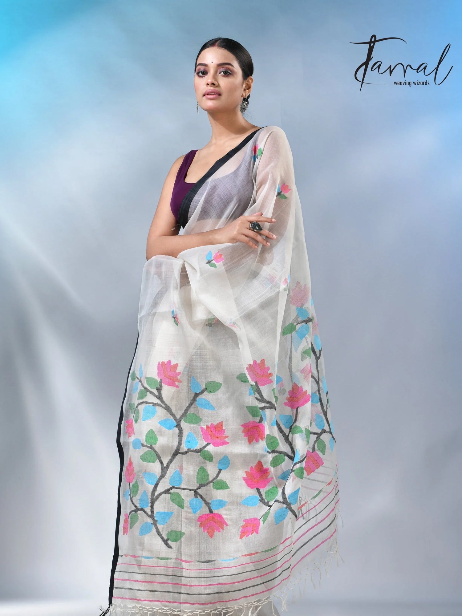 Off white with border muslin floral handwoven jamadani saree