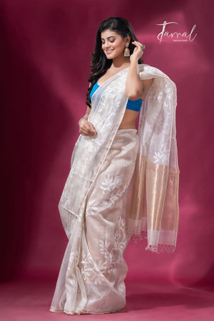 Off white with floral handwoven jamdani in muslin silk saree left