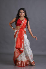 Offwhite with red kora organza silk handloom jamdani saree - Tamal Boutique