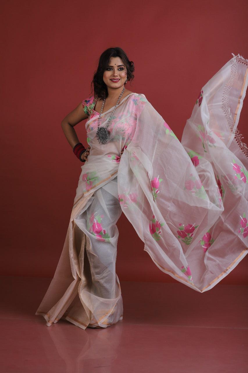 Offwhite with red & pink Hibiscus motifs handwoven Muslin silk jamdani saree - Tamal Boutique