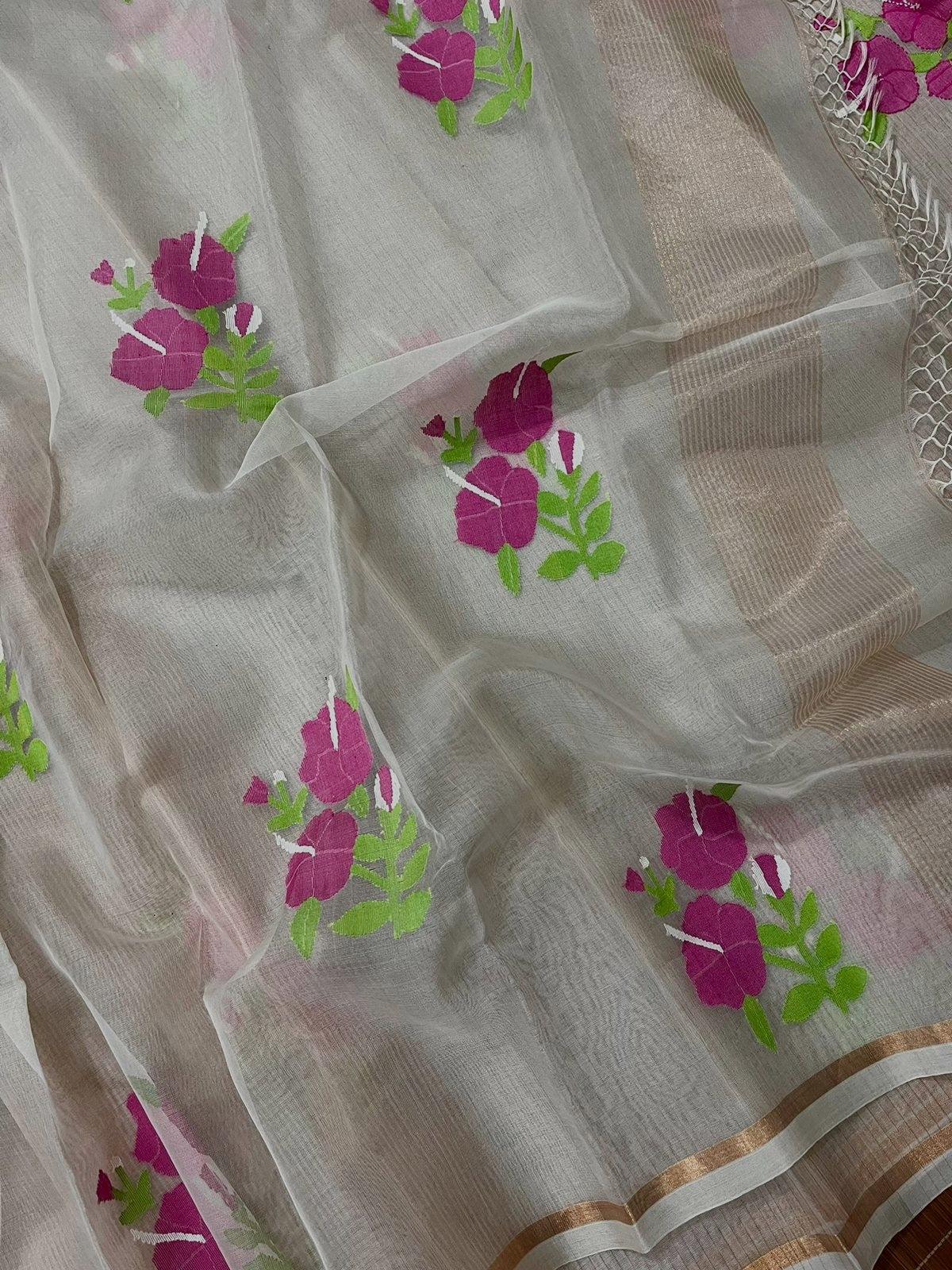 Offwhite with red & pink Hibiscus motifs handwoven Muslin silk jamdani saree - Tamal Boutique
