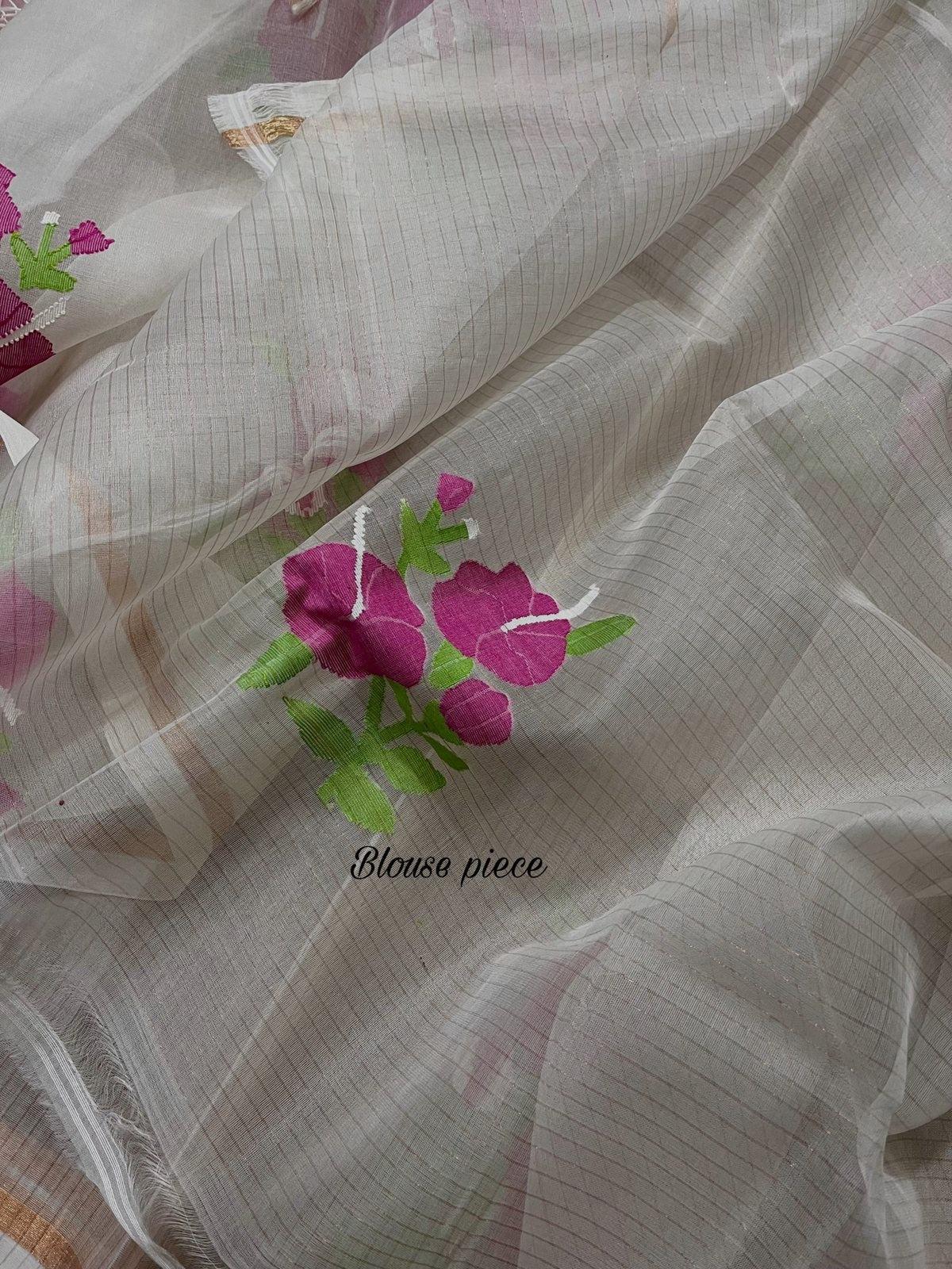 Offwhite with red & pink Hibiscus motifs handwoven Muslin silk jamdani saree - Tamal Boutique