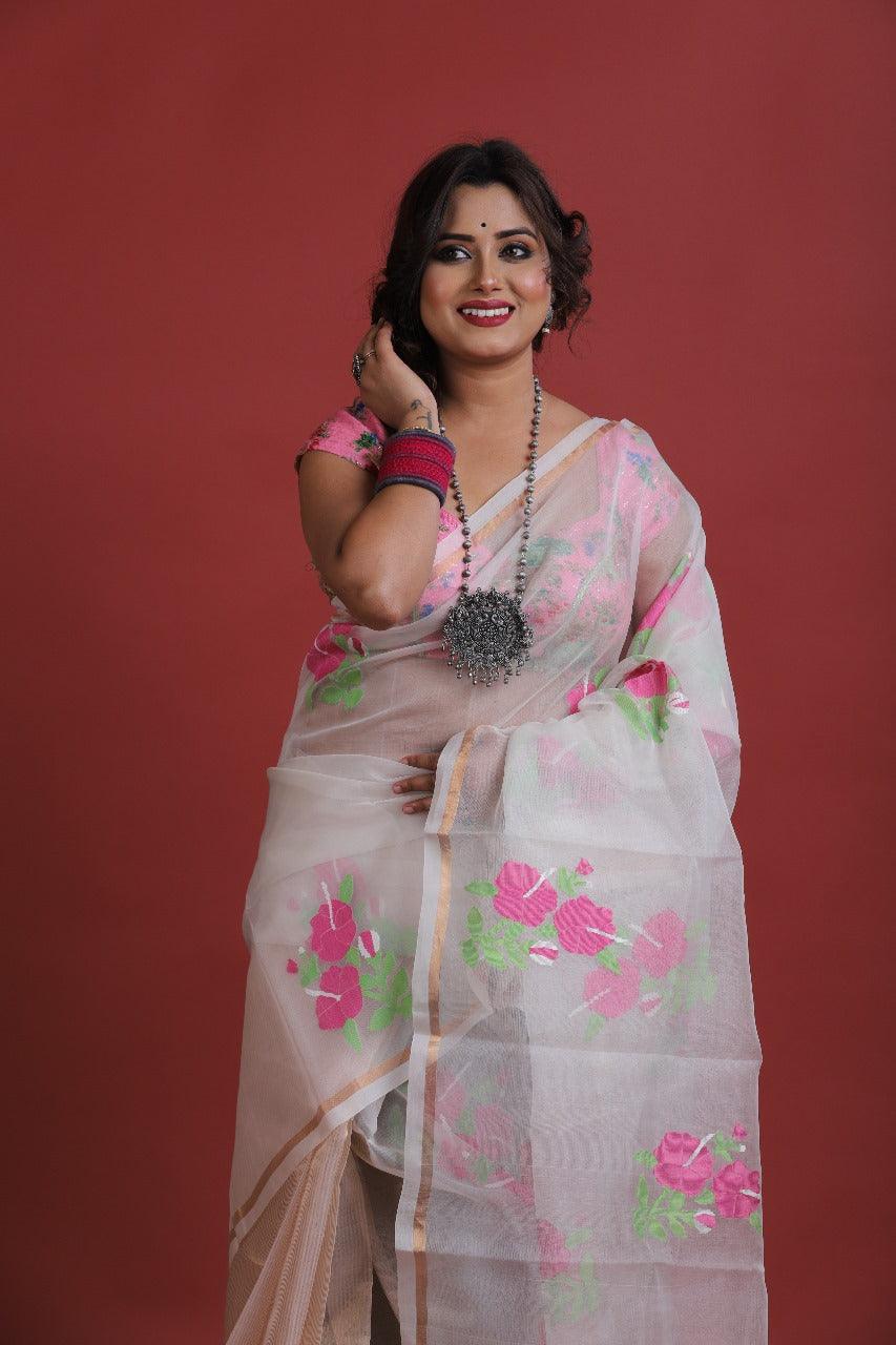 Offwhite with red & pink Hibiscus motifs handwoven Muslin silk jamdani saree - Tamal Boutique