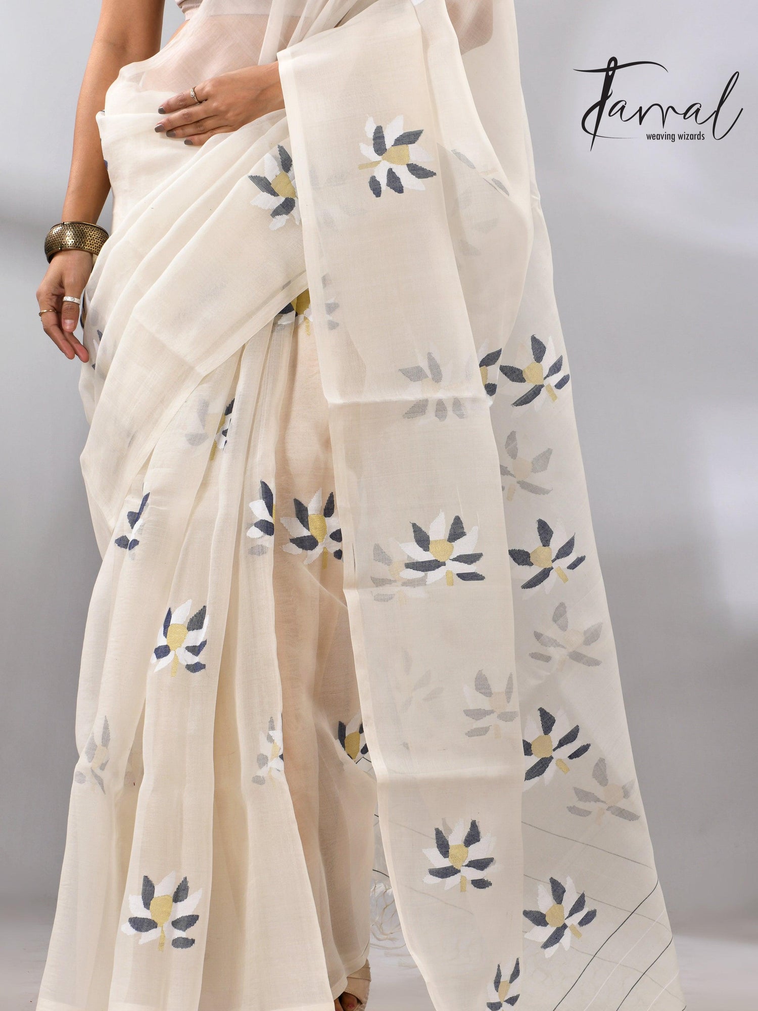Offwhite Motifs Muslin Silk Jamdani Saree featuring Lotus bottom