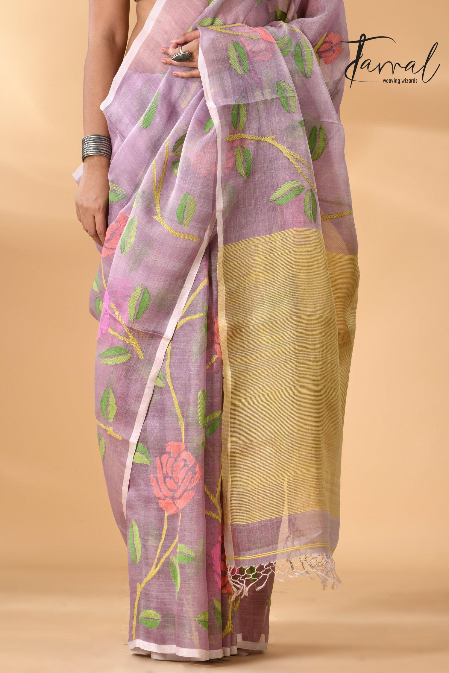 Offwhite Muslin Silk Handwoven Needle Work Jamdani Saree bottom