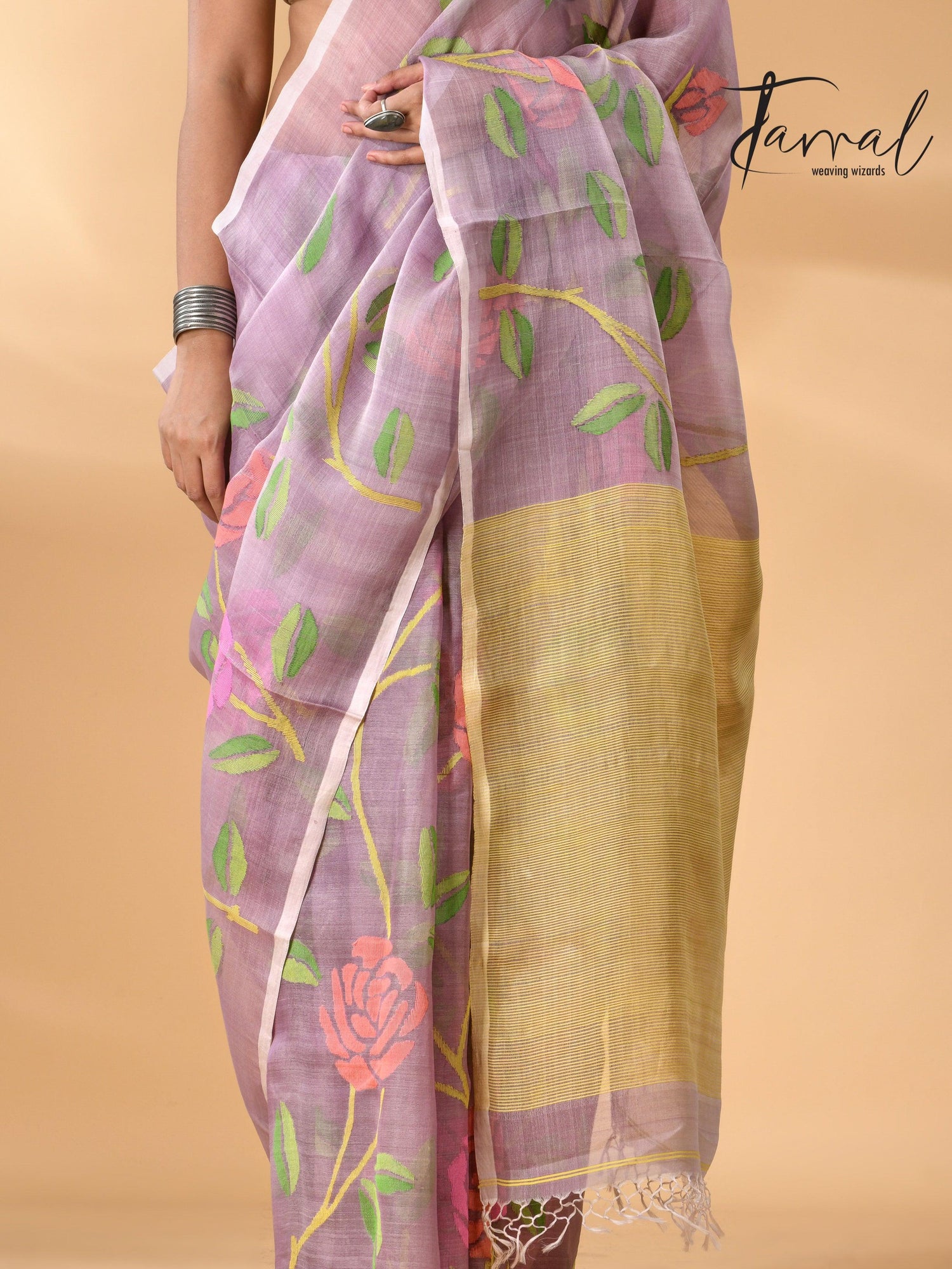 Offwhite Muslin Silk Handwoven Needle Work Jamdani Saree bottom