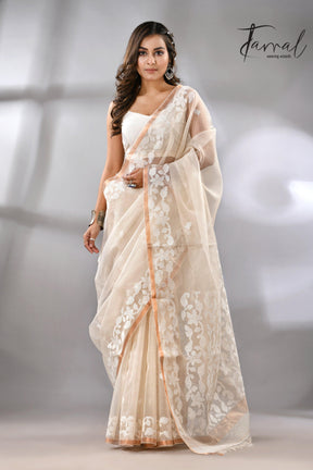 Offwhite Muslin handwoven needle zari work jamdani saree