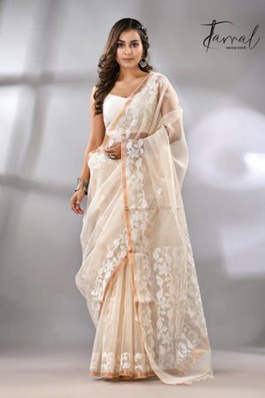 Offwhite Muslin handwoven needle zari work jamdani saree