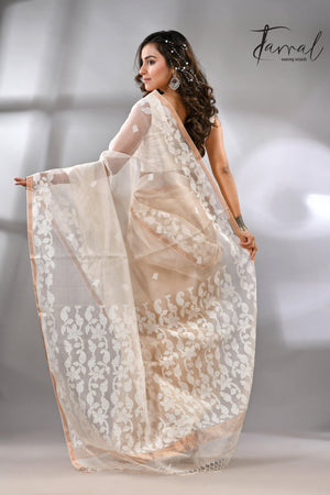 Offwhite Muslin handwoven needle zari work jamdani saree back