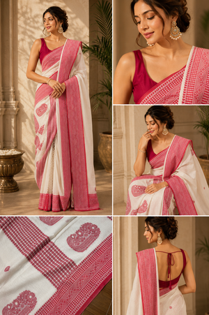 Woman wearing a pink and white saree with intricate patterns, posing in various angles.