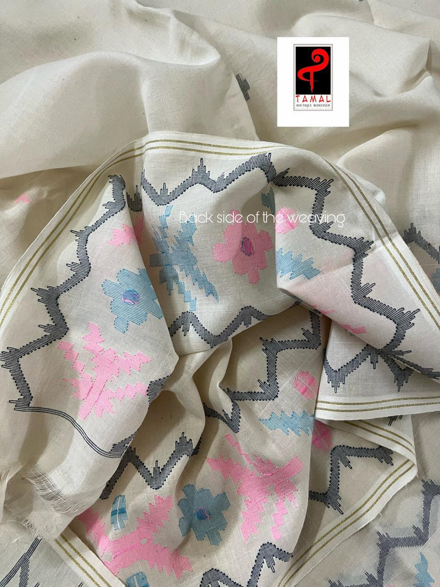 Offwhite With Multi color Pure cotton handwoven jamdani fabric - Tamal Boutique