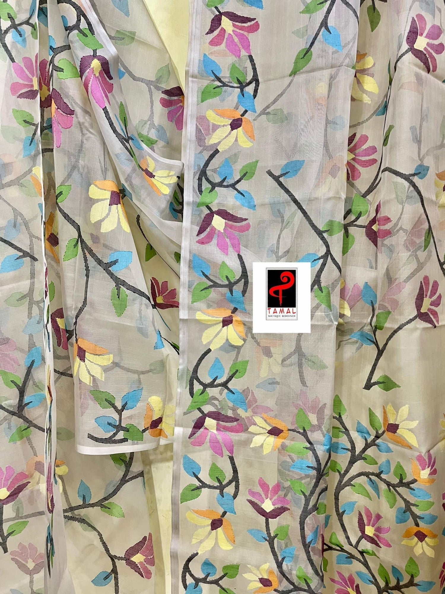 Offwhite with multicolour allover floral handwoven jamdani saree in muslin silk - Tamal Boutique