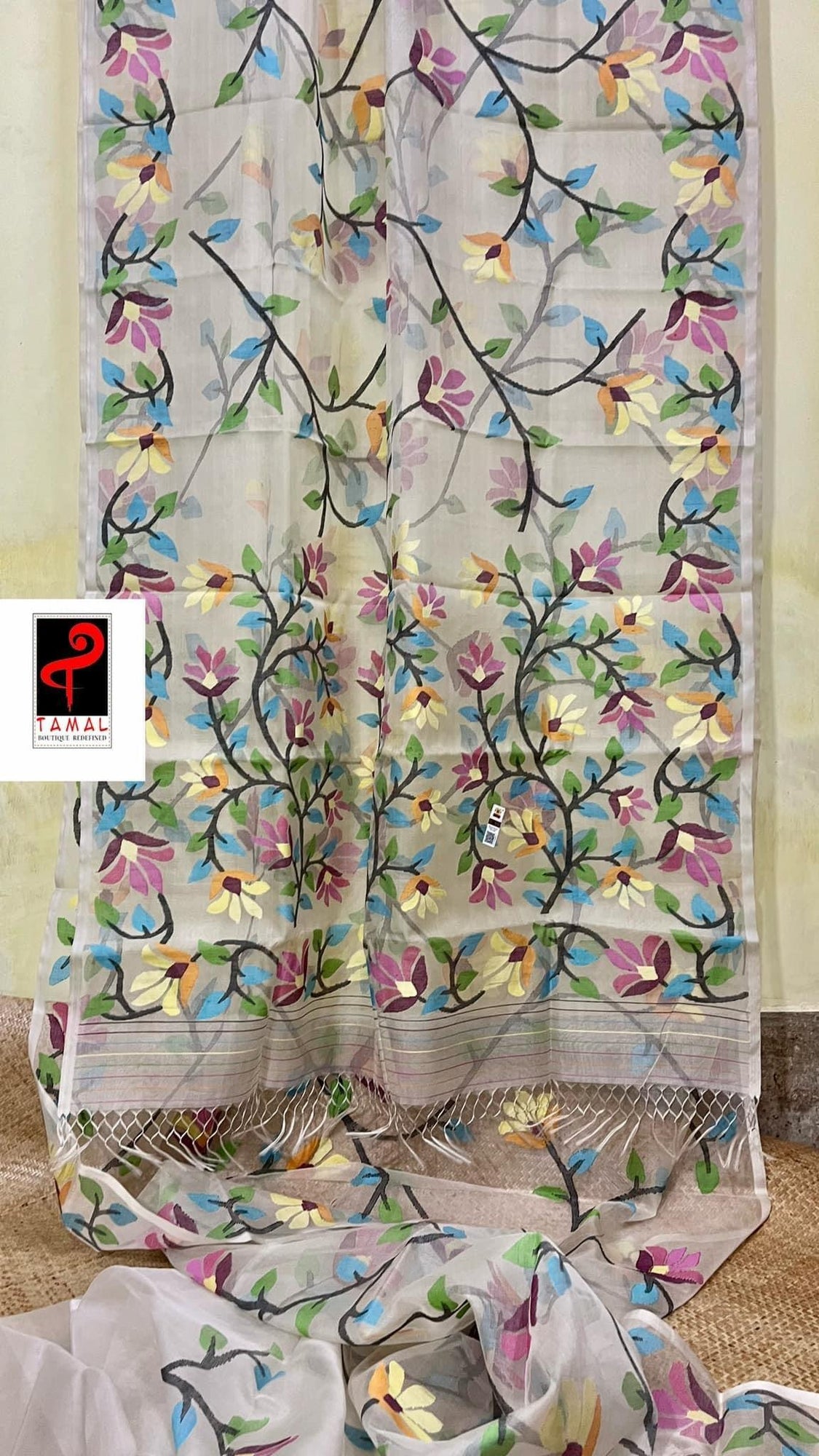 Offwhite with multicolour allover floral handwoven jamdani saree in muslin silk - Tamal Boutique