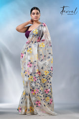 Offwhite allover floral muslin silk handwoven jamdani saree