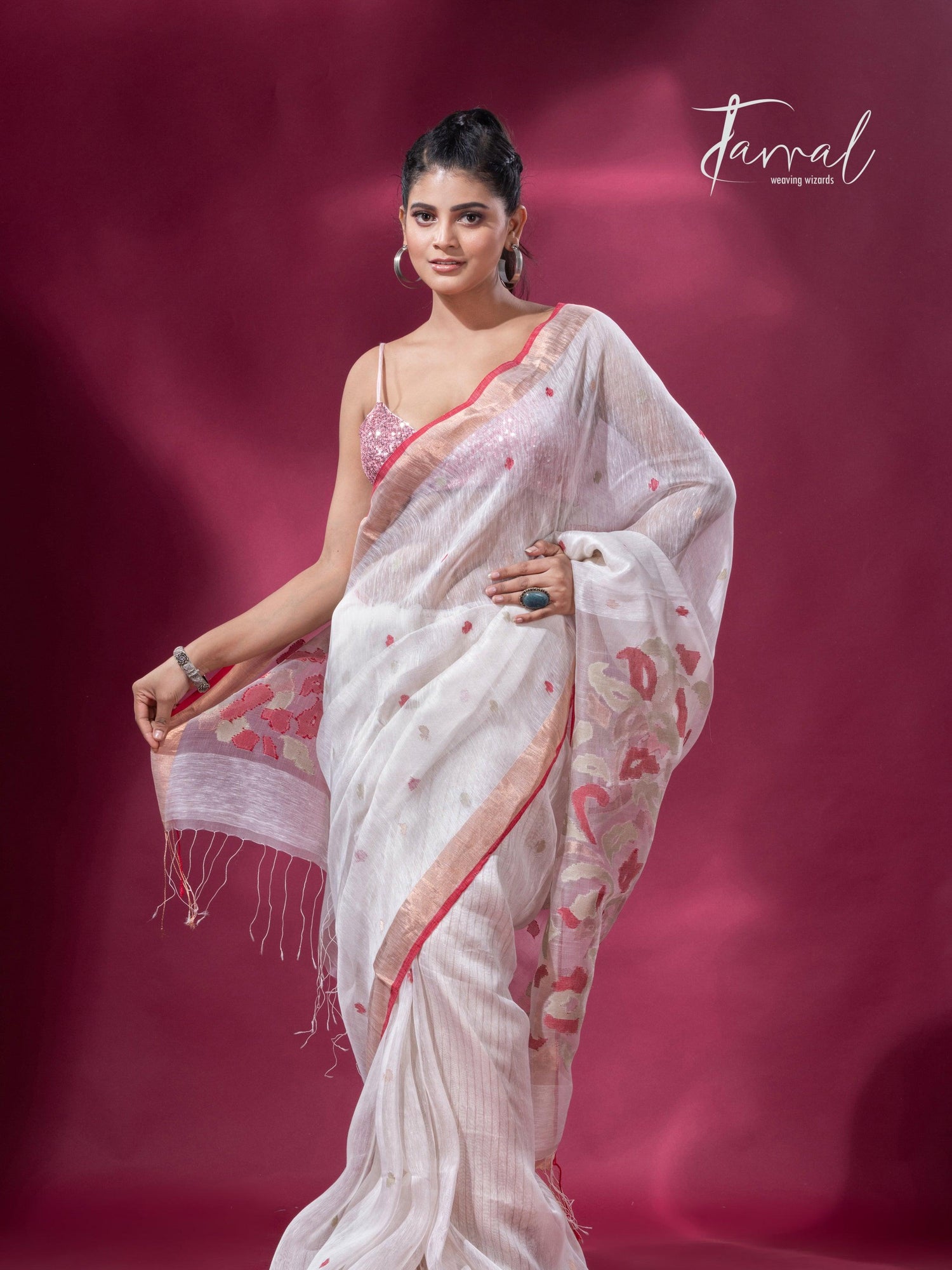 Offwhite with zari border silk linen handwoven jamdani saree - Tamal Boutique