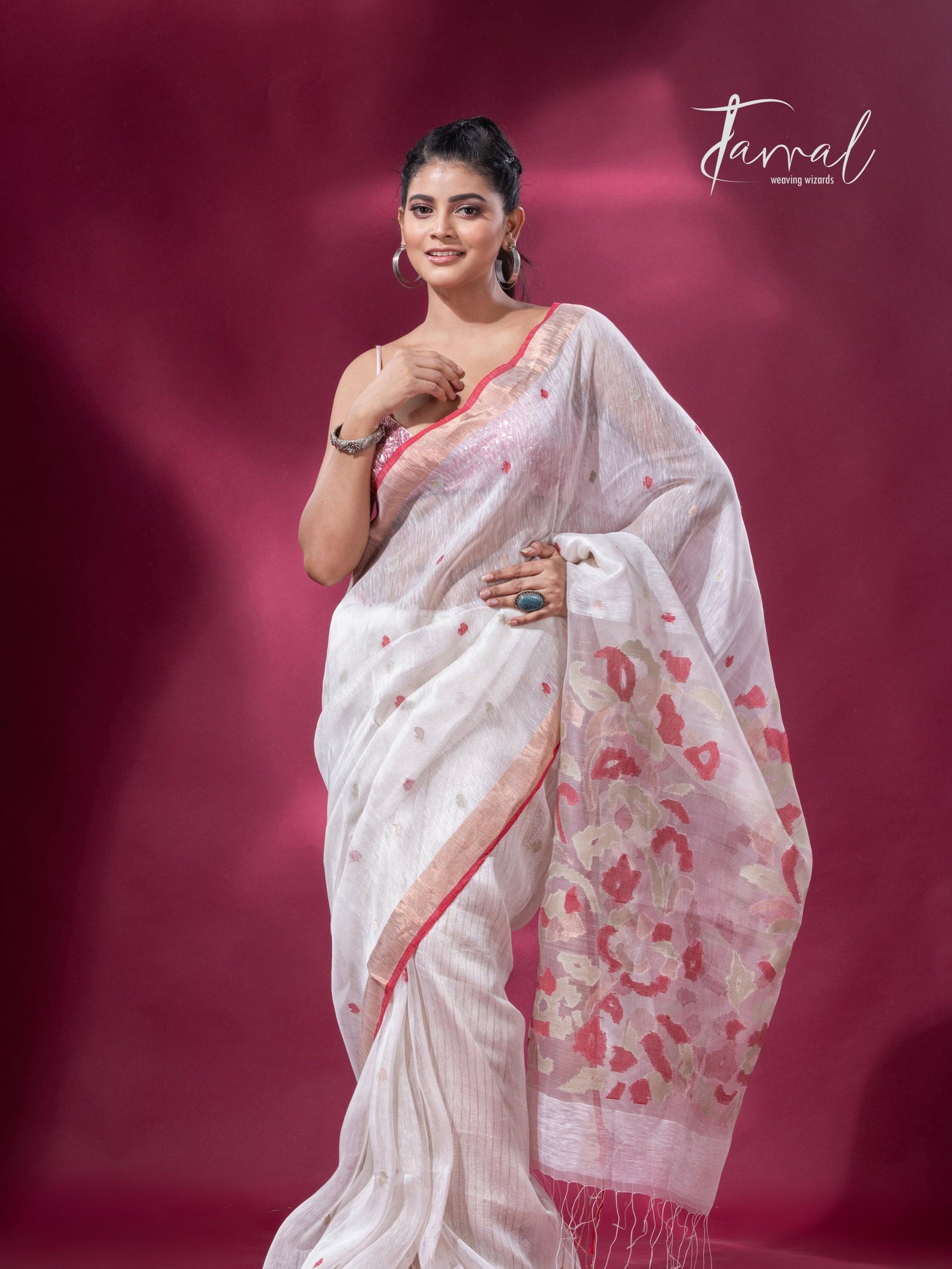 Offwhite with zari border silk linen handwoven jamdani saree - Tamal Boutique