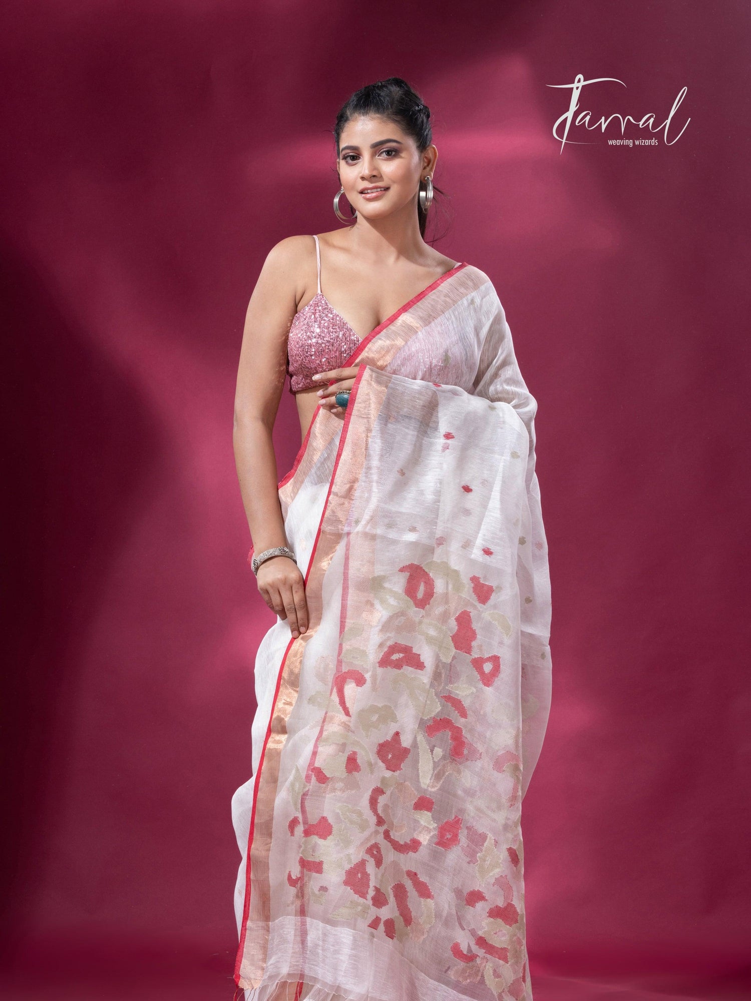 Offwhite with zari border silk linen handwoven jamdani saree - Tamal Boutique