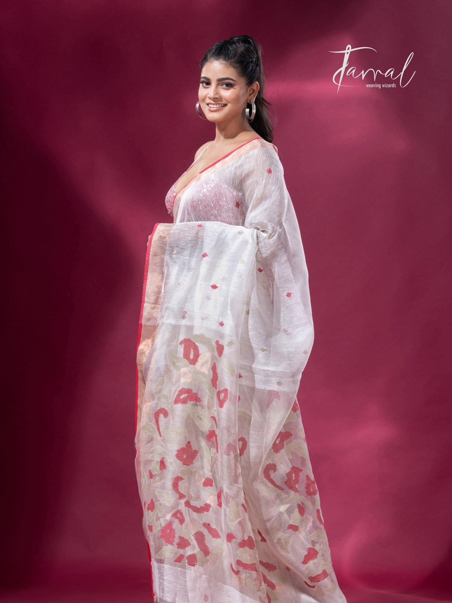 Offwhite with zari border silk linen handwoven jamdani saree - Tamal Boutique