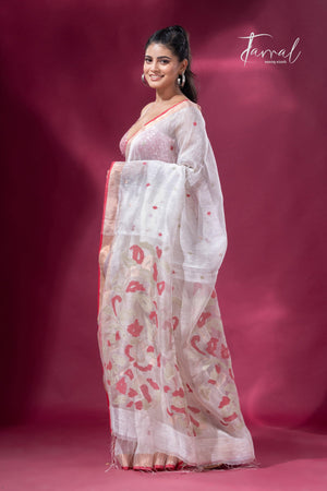 Offwhite with zari border silk linen handwoven jamdani saree - Tamal Boutique