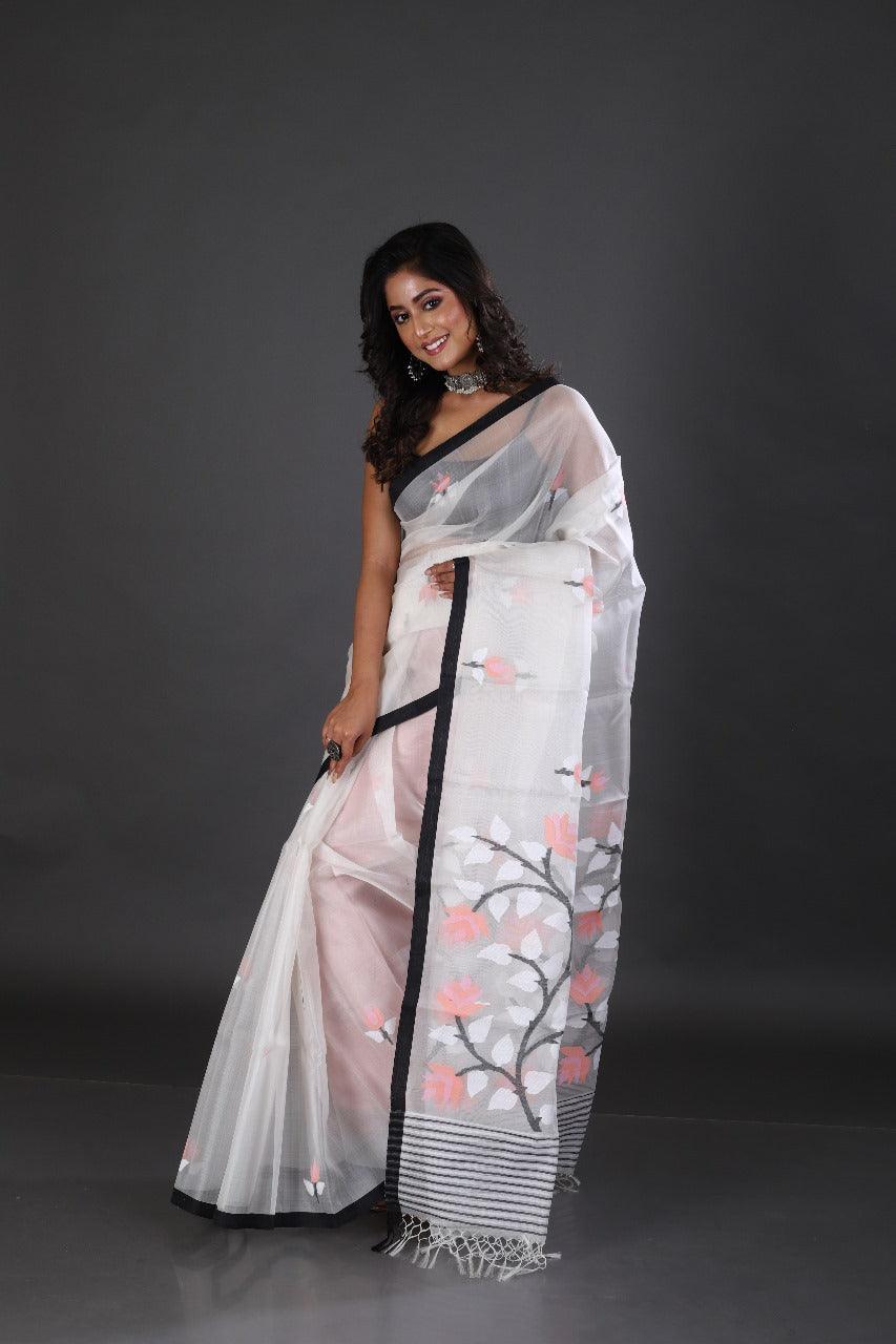 Offwhite with black border floral muslin silk handwoven jamdani saree - Tamal Boutique