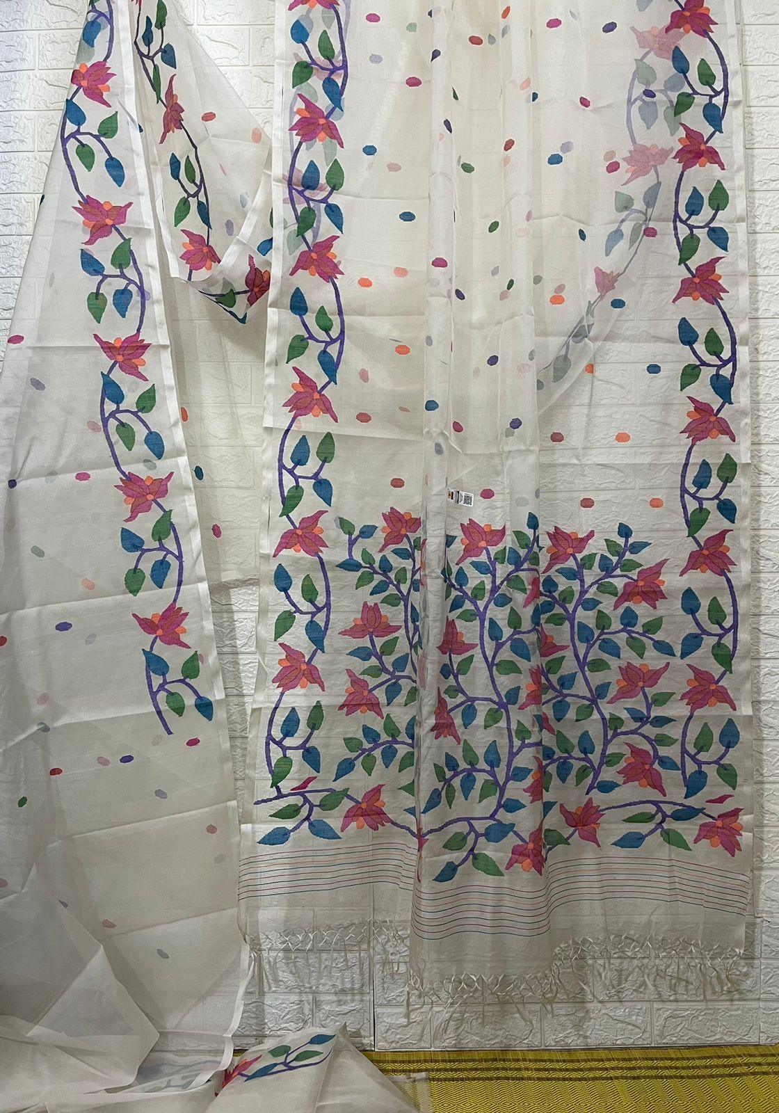 Offwhite with multi floral border with all over buta handwoven jamdani saree in muslin silk - Tamal Boutique