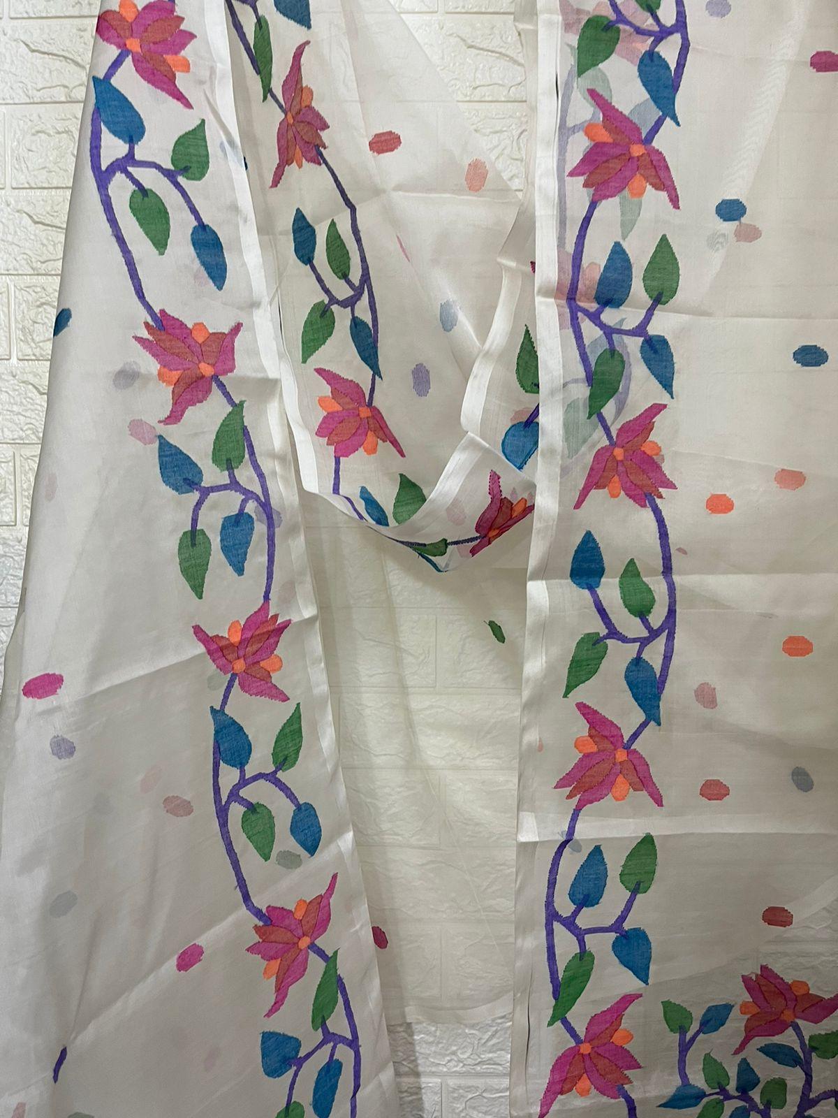 Offwhite with multi floral border with all over buta handwoven jamdani saree in muslin silk - Tamal Boutique