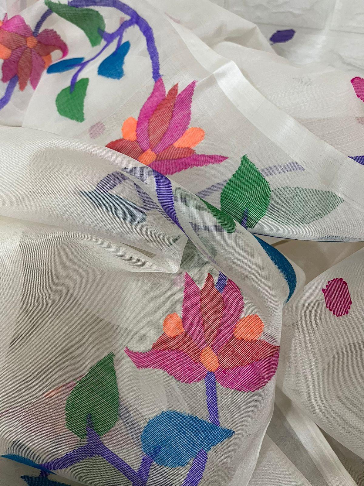 Offwhite with multi floral border with all over buta handwoven jamdani saree in muslin silk - Tamal Boutique