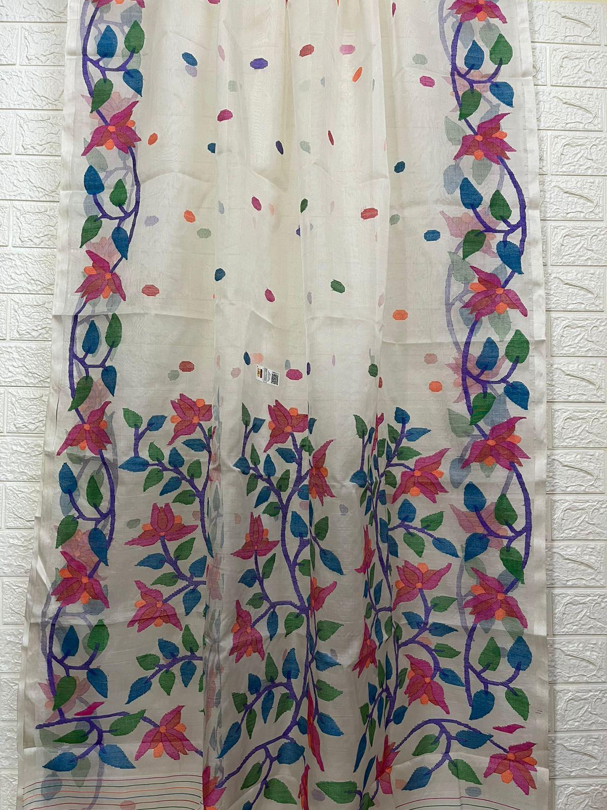 Offwhite with multi floral border with all over buta handwoven jamdani saree in muslin silk - Tamal Boutique