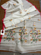 Offwhite with red border & multi colour floral buta motifs handwoven muslin silk jamdani saree - Tamal Boutique