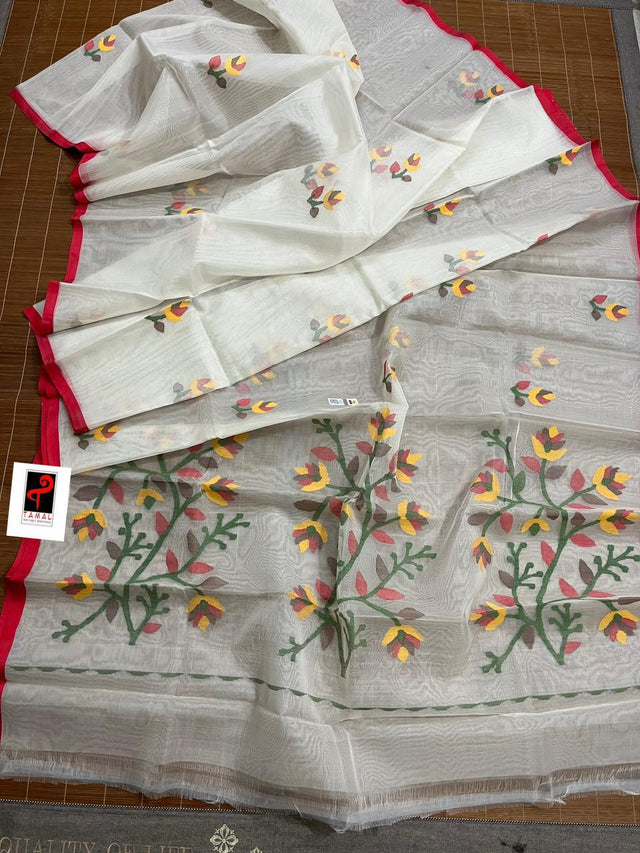 Offwhite with red border & multi colour floral buta motifs handwoven muslin silk jamdani saree - Tamal Boutique
