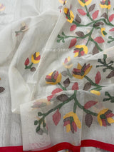 Offwhite with red border & multi colour floral buta motifs handwoven muslin silk jamdani saree - Tamal Boutique