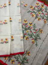Offwhite with red border & multi colour floral buta motifs handwoven muslin silk jamdani saree - Tamal Boutique