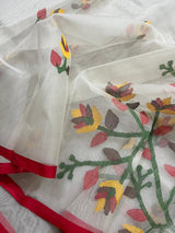 Offwhite with red border & multi colour floral buta motifs handwoven muslin silk jamdani saree - Tamal Boutique