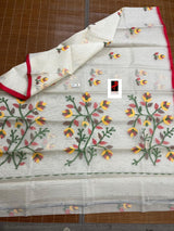 Offwhite with red border & multi colour floral buta motifs handwoven muslin silk jamdani saree - Tamal Boutique