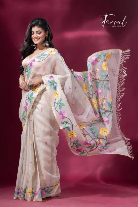 Offwhite floral elegance muslin silk handwoven jamdani saree