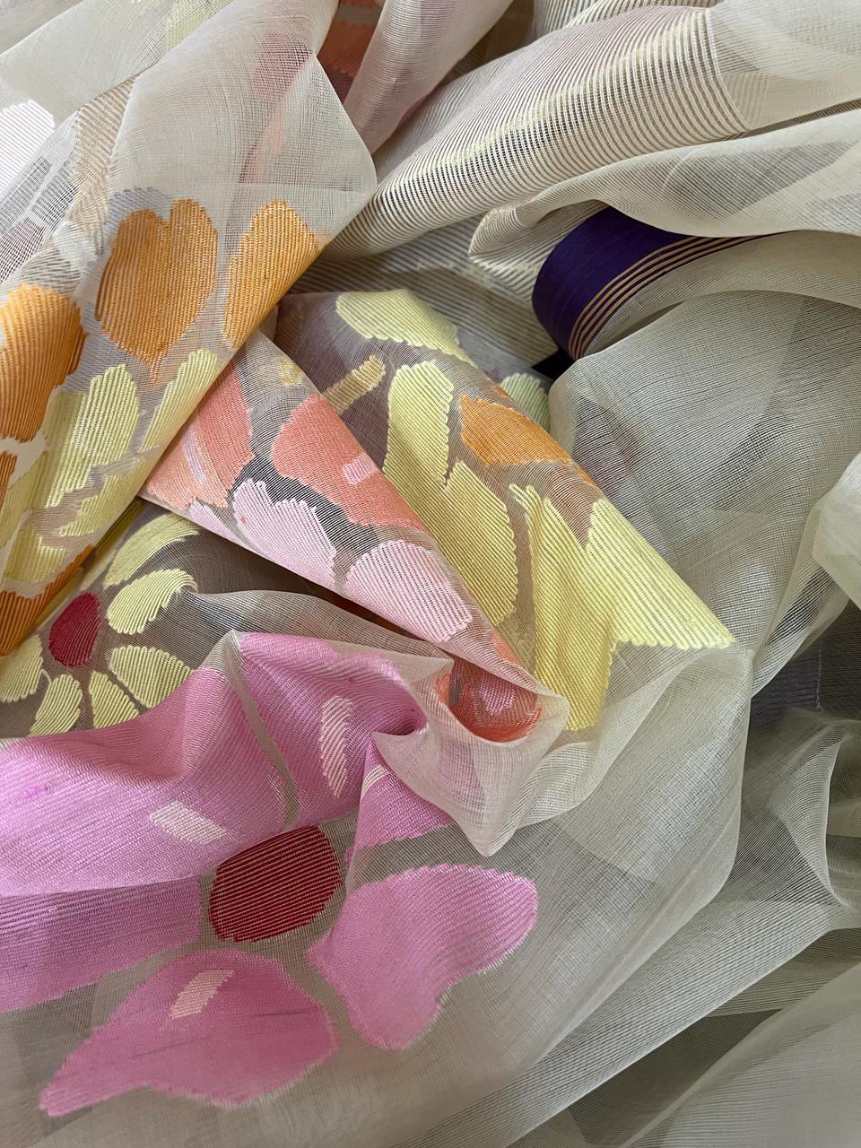 Offwhite with multi colour seasonal flowers motifs handwoven jamdani in muslin silk saree - Tamal Boutique