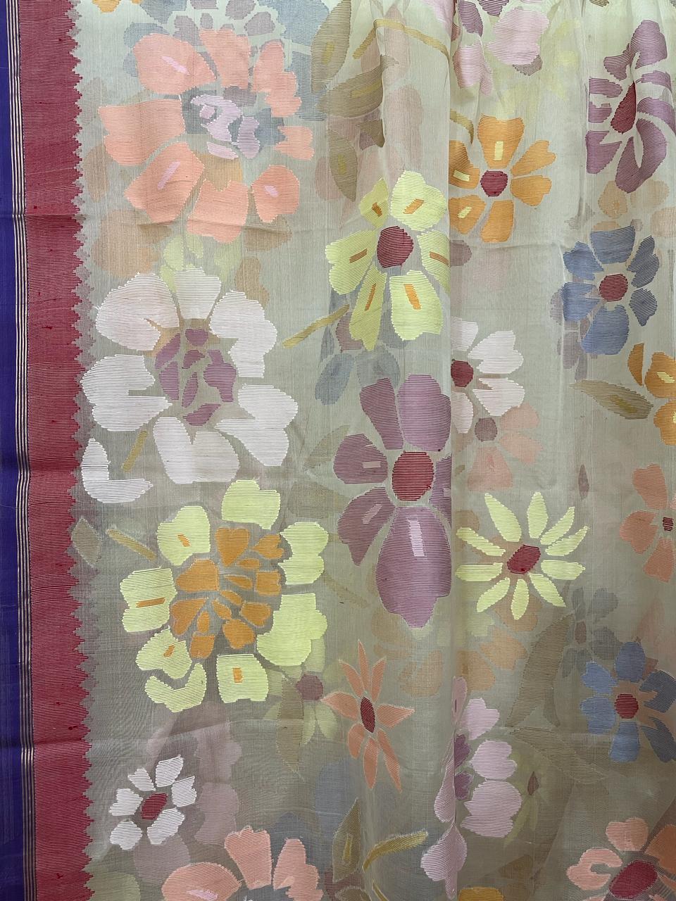 Offwhite with multi colour seasonal flowers motifs handwoven jamdani in muslin silk saree - Tamal Boutique