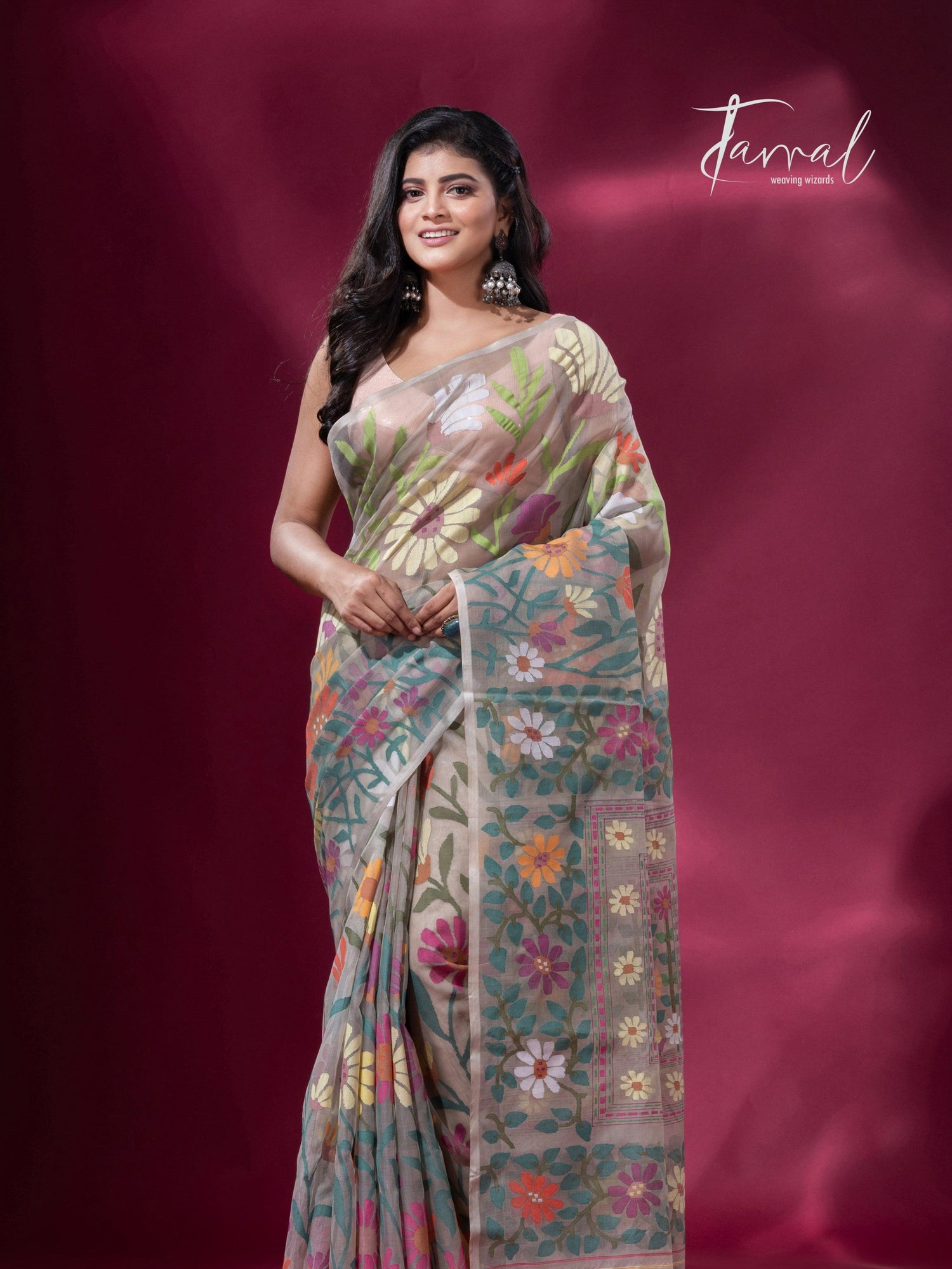 Offwhite with multicolour allover sunflower motifs muslin silk handwoven jamdani saree - Tamal Boutique