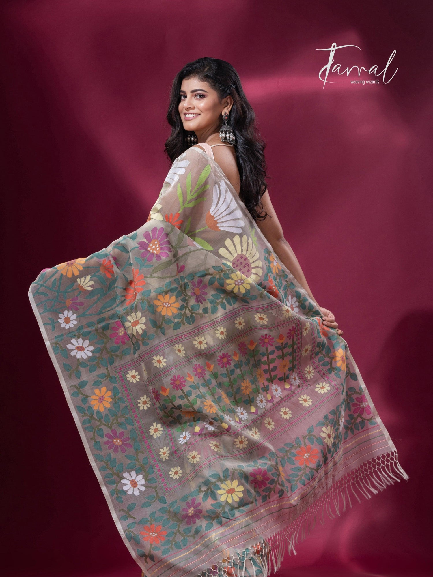 Offwhite with multicolour allover sunflower motifs muslin silk handwoven jamdani saree - Tamal Boutique