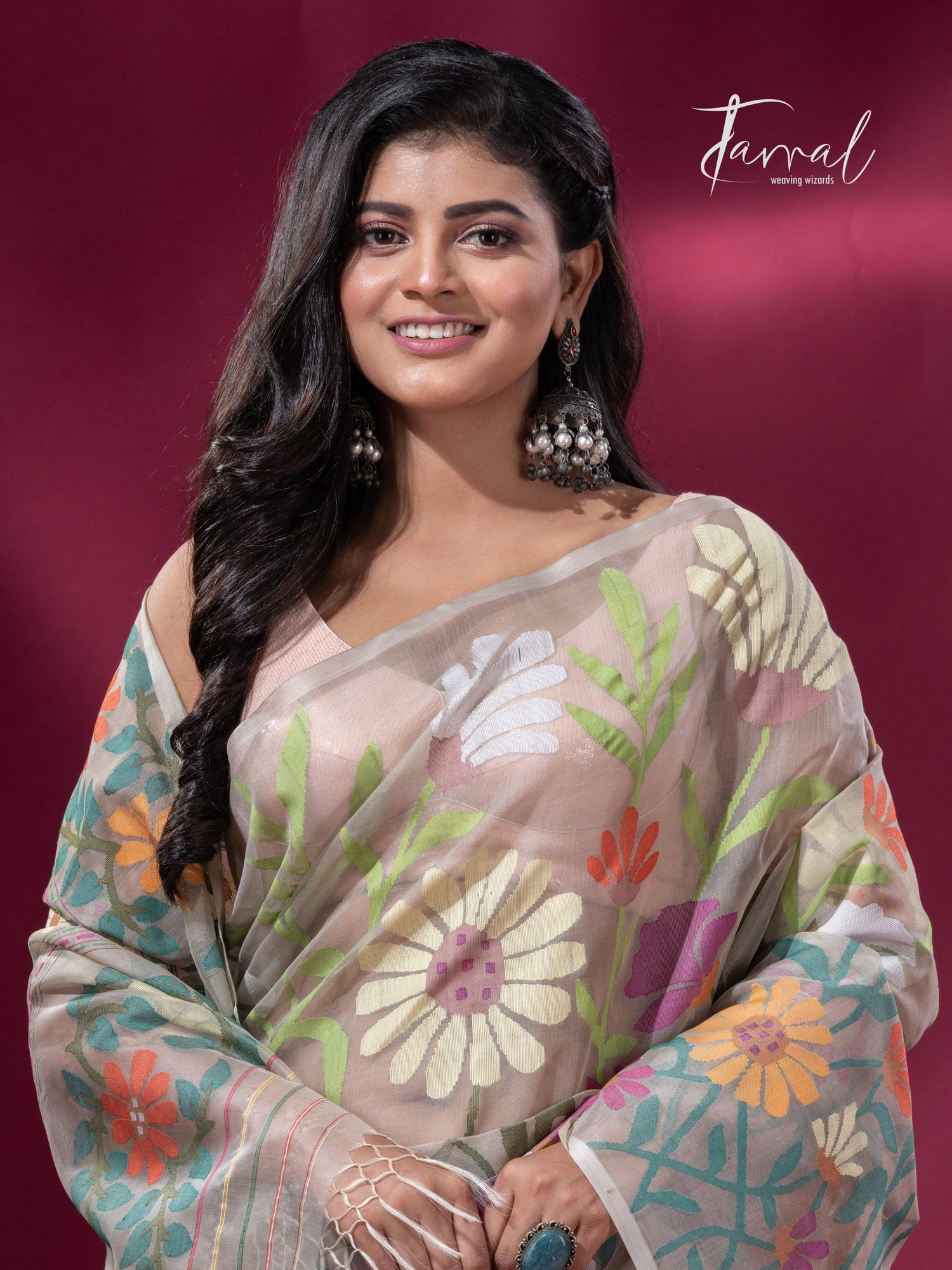 Offwhite with multicolour allover sunflower motifs muslin silk handwoven jamdani saree - Tamal Boutique