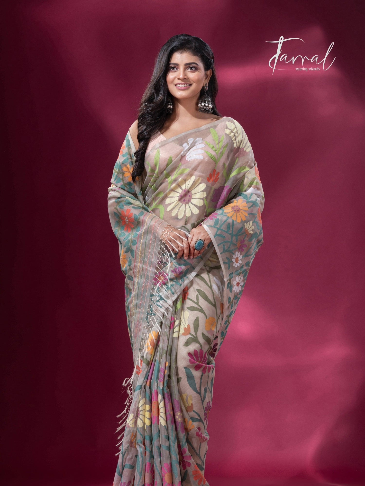 Offwhite with multicolour allover sunflower motifs muslin silk handwoven jamdani saree - Tamal Boutique