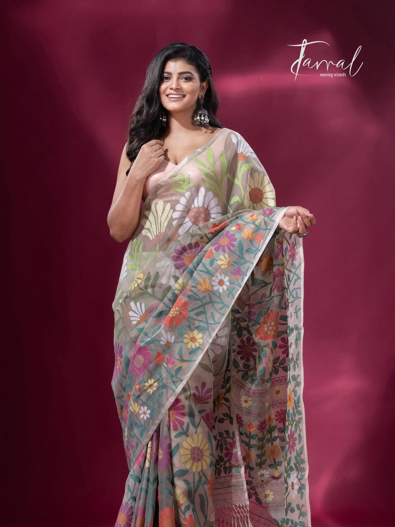 Offwhite with multicolour allover sunflower motifs muslin silk handwoven jamdani saree - Tamal Boutique