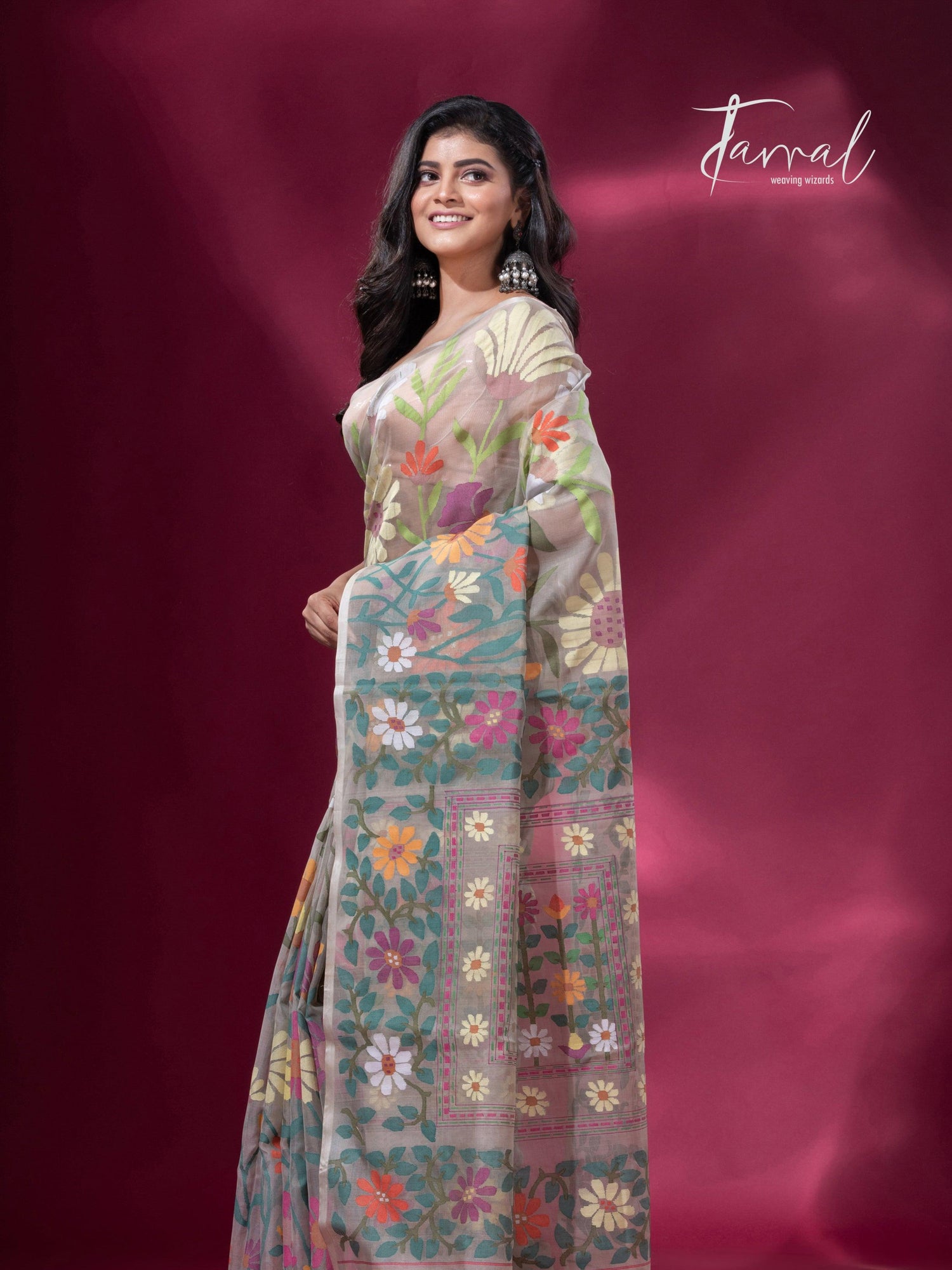 Offwhite with multicolour allover sunflower motifs muslin silk handwoven jamdani saree - Tamal Boutique