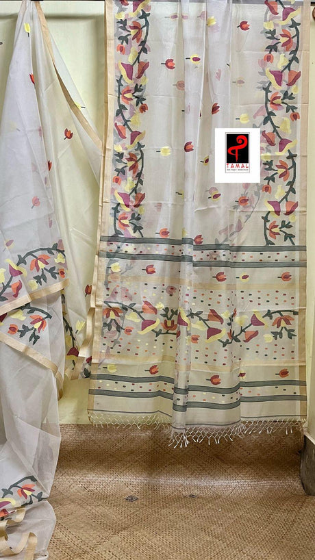 Off white with multi colour kalmilata floral handwoven muslin silk jamdani saree - Tamal Boutique