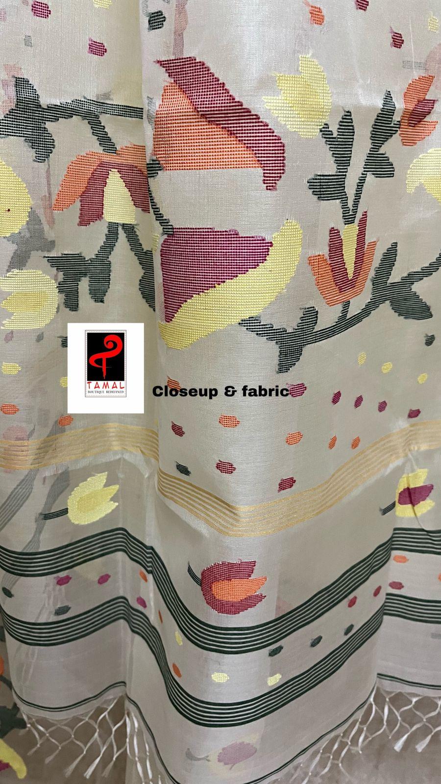 Off white with multi colour kalmilata floral handwoven muslin silk jamdani saree - Tamal Boutique