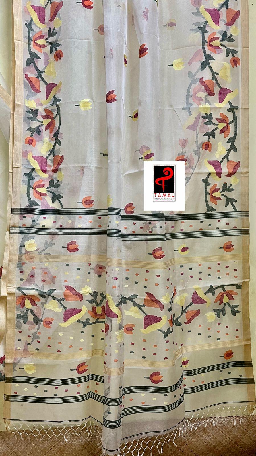 Off white with multi colour kalmilata floral handwoven muslin silk jamdani saree - Tamal Boutique