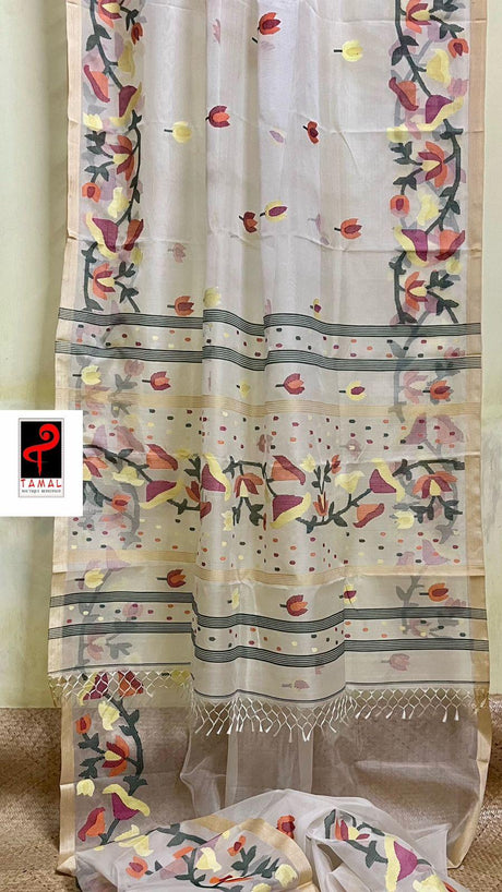 Off white with multi colour kalmilata floral handwoven muslin silk jamdani saree - Tamal Boutique