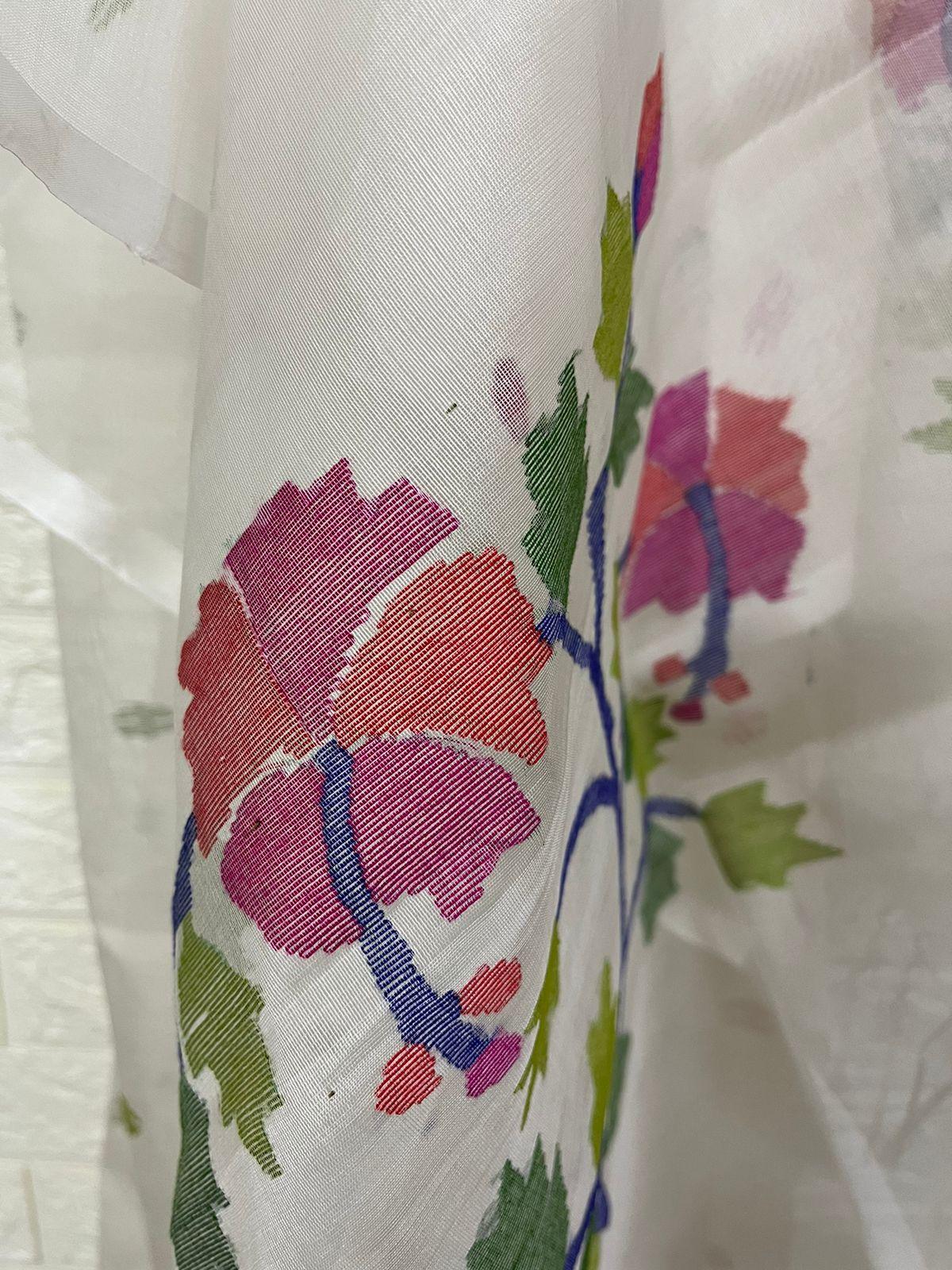Offwhite with multi colour hibiscus motifs handwoven muslin silk jamdani kurti & dupatta set - Tamal Boutique