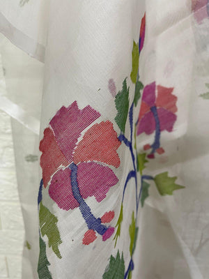 Offwhite with multi colour hibiscus motifs handwoven muslin silk jamdani kurti & dupatta set - Tamal Boutique