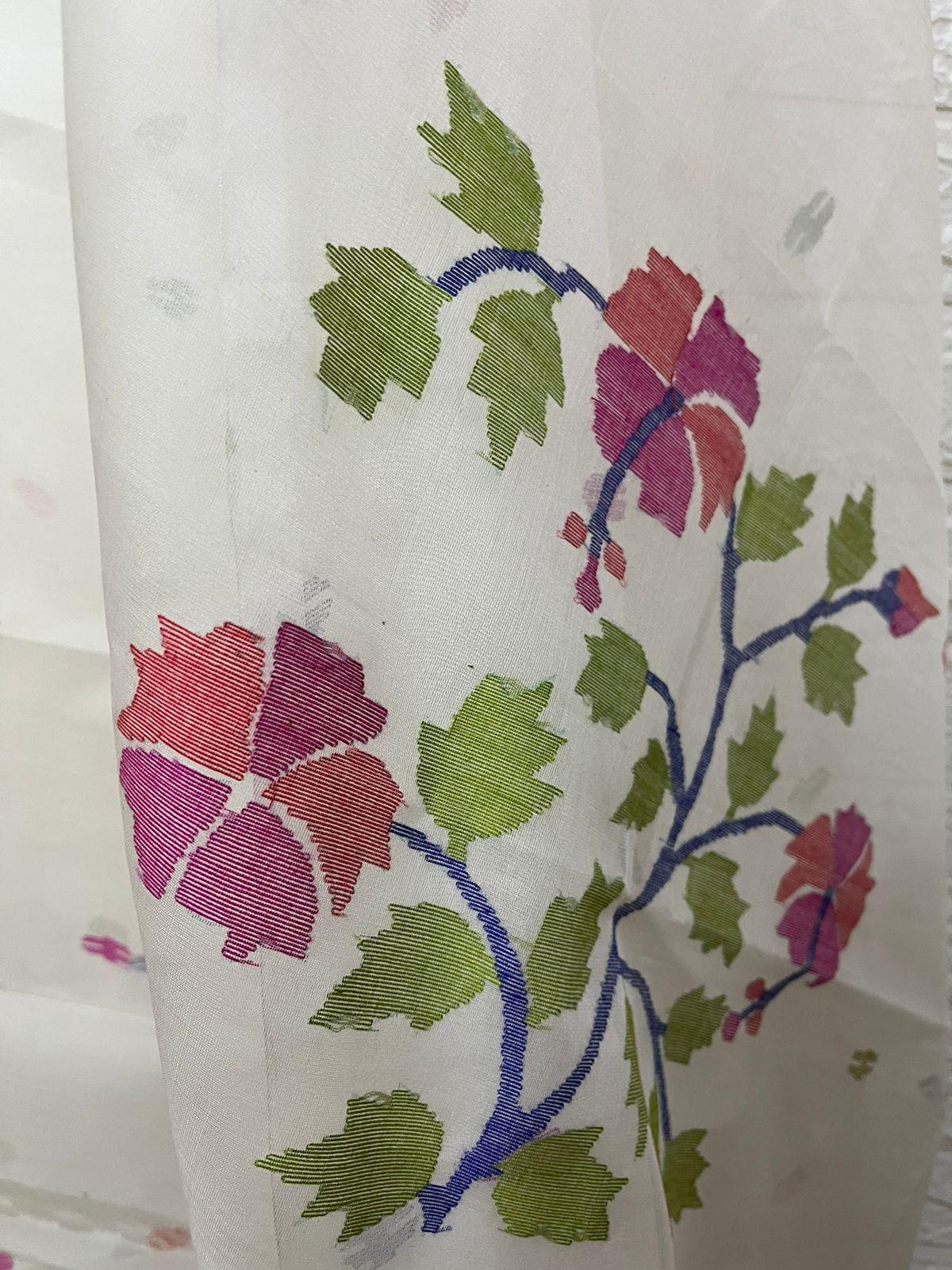 Offwhite with multi colour hibiscus motifs handwoven muslin silk jamdani kurti & dupatta set - Tamal Boutique